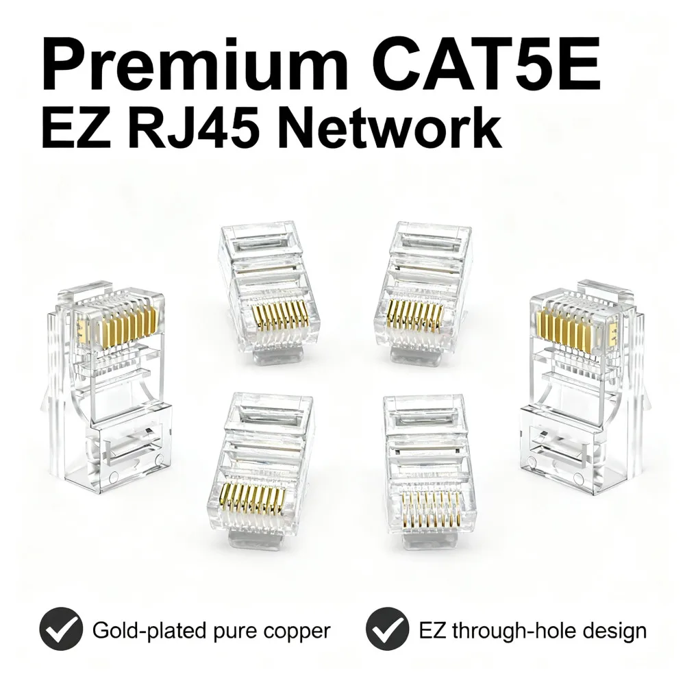 10/50/100PCs CAT5E Connector RJ45 Connector Network Unshielded RJ45 Perforated Crystal Head Network Cable