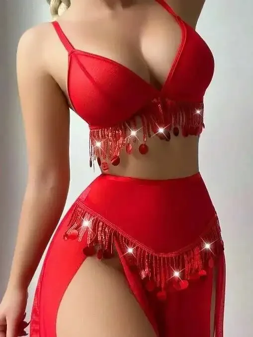 Set di gonne con paillettes sexy trasparenti in tinta unita Set di gonne senza maniche con bretelle a V profonde senza schienale Affascinante ed elegante bella HQGD