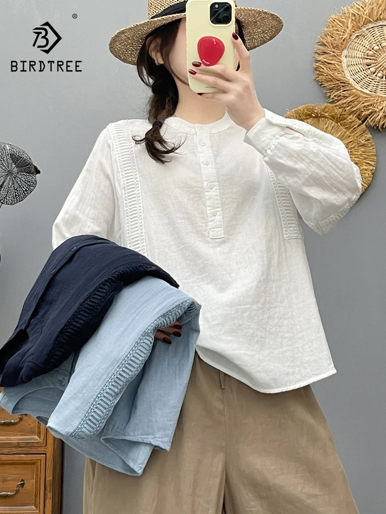 

New 2026 Spring Women Cotton Yarn Long Sleeve Shirt, Stand Lace Patchwork, Mori Girl Fashion OL Breathable Loose Blouse T63785CC