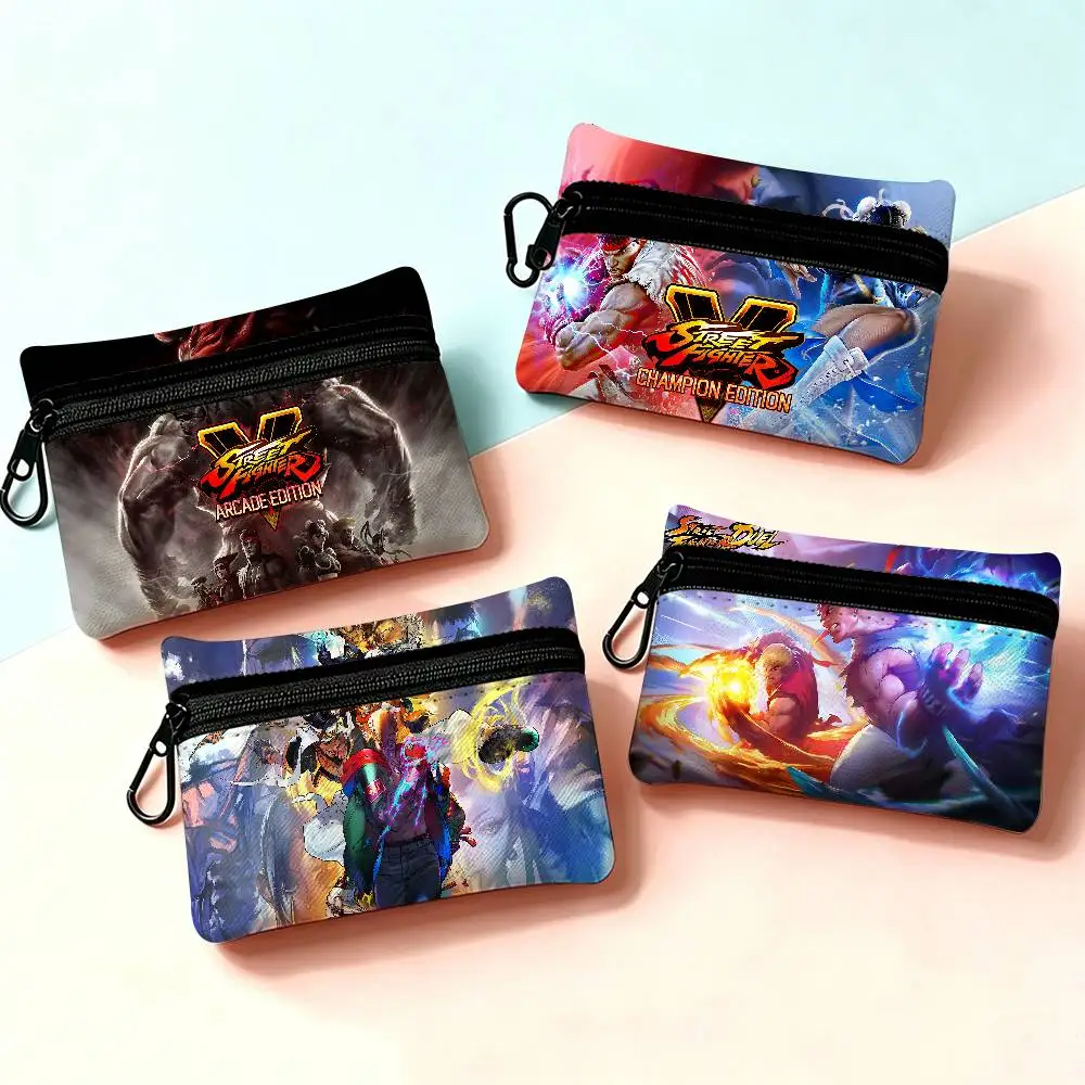 Porte-monnaie en tissu Oxford Game S-Street Fighter Mini avec mousqueton, portefeuille portable pour cartes et clés, petite pochette de rangement à fermeture éclair