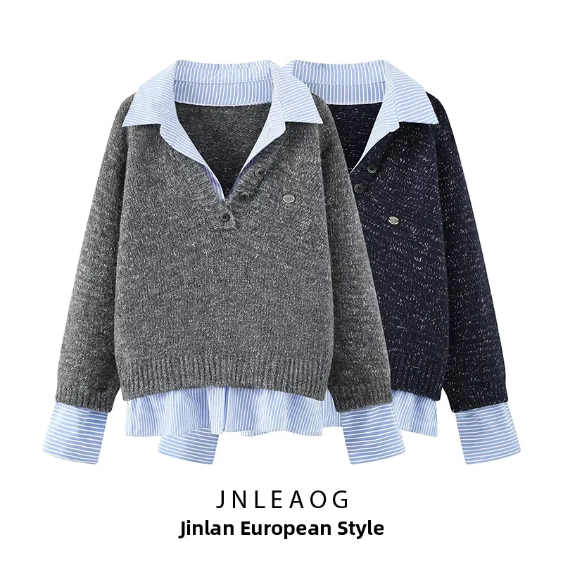 JNLEAOG Autumn New Women's Knitted Floral Shawl Casual Comfortable Sweater Fake Two-Piece Pullover Warm Long Sleeve Polyester