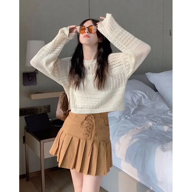 Sweet Breathable Hollow Women Tops Hook Flower Loose Knit Blouse Sun Protection Tops Sun-proof Clothing