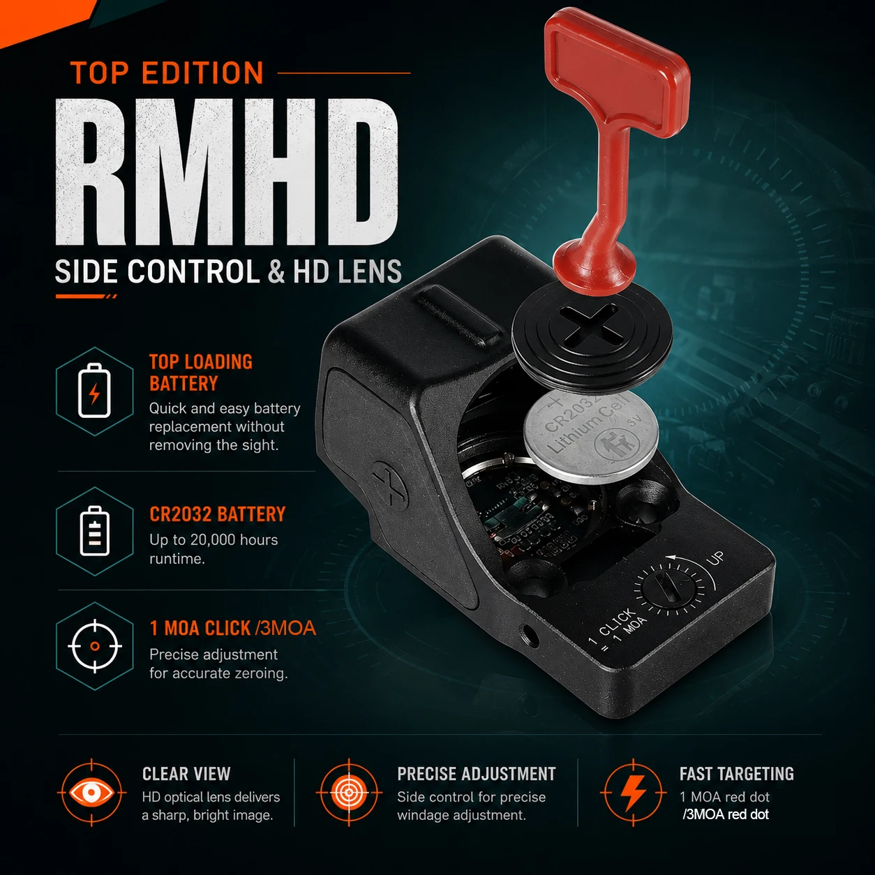 RMHD Red Dot Sight 1MOA/3MOA Dot Compact Reflex Sight CNC Machined 7075 Aluminum Housing Multi-layer Lens for Glock Waterproof - view 5