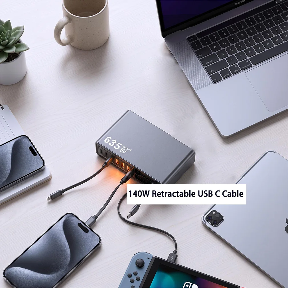 New 635W GaN Desktop Fast Charger with 140W Retractable USB C Cable Charging Station for iPhone 17 Samsung Tablet Dropshipping