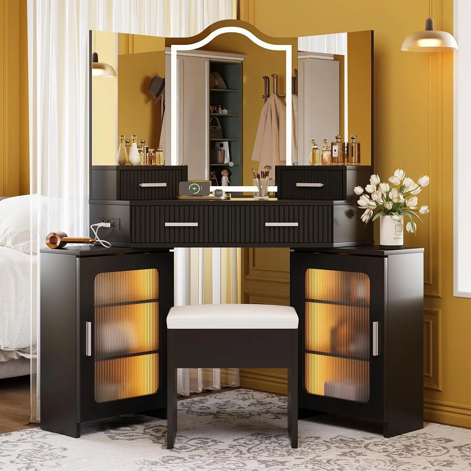 Corner Vanity with Mirror & Lights, Tri-Way Makeup Vanity with 4 Drawers & 2 Cabinets, Power Outlet & Stool, Customized
