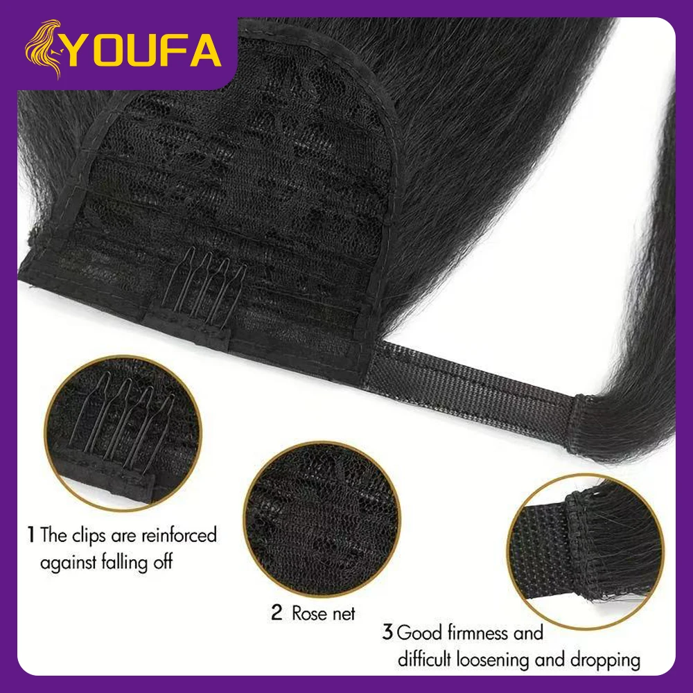 Fotografia 4: Kinky reta rabo de cavalo extensão envoltório em torno de rabo de cavalo com clipe e pasta mágica 100% cabelo humano longo yaki rabo de cavalo reto