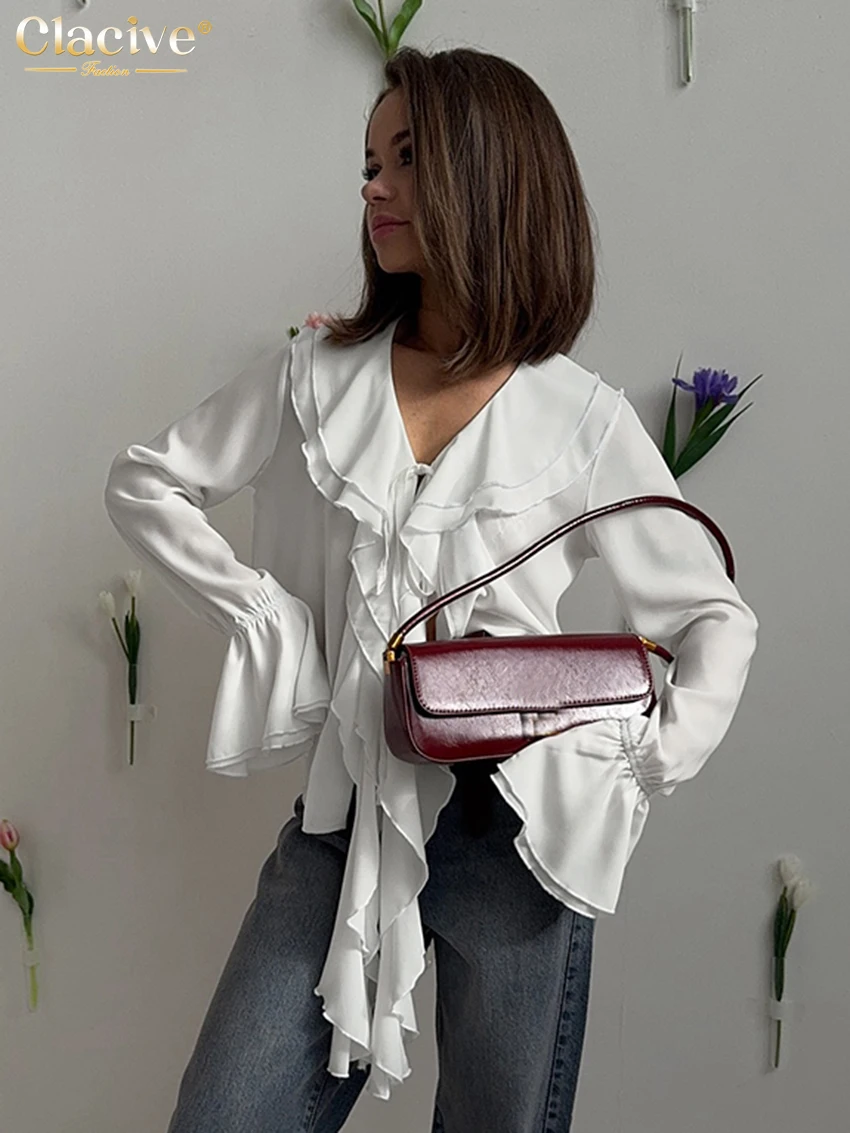 Clacive Fashion Loose White Women's Shirt 2025 Casual V-Neck Long Sleeve Shirts Elegant Classic Solid Ruffle Top Female Clothing