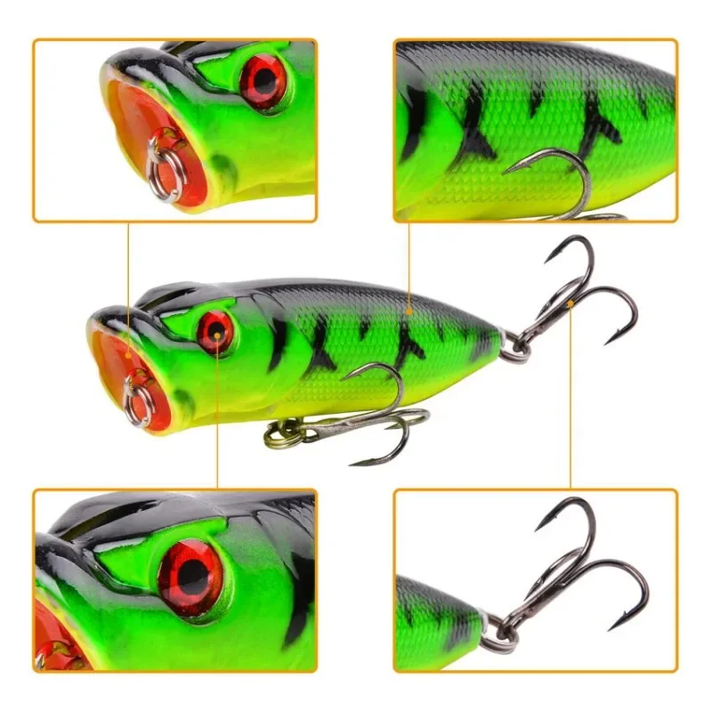 Hard Plastic Fishing Lures, Topwater Popper Bait, Artificial Wobblers, Fishing Tackle, 6 # Hooks, 5 Colors, 6.5cm, 12g, 1Pc