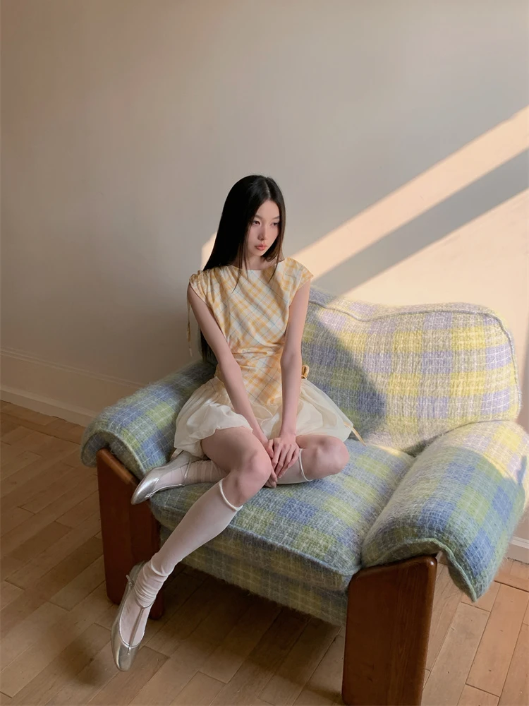 CHEERART Yellow Plaid Designer Bud Short Dresses Summer Sleeveless Drawstring Patchwork Ball Gown Cute Mini Dress Woman Clothes