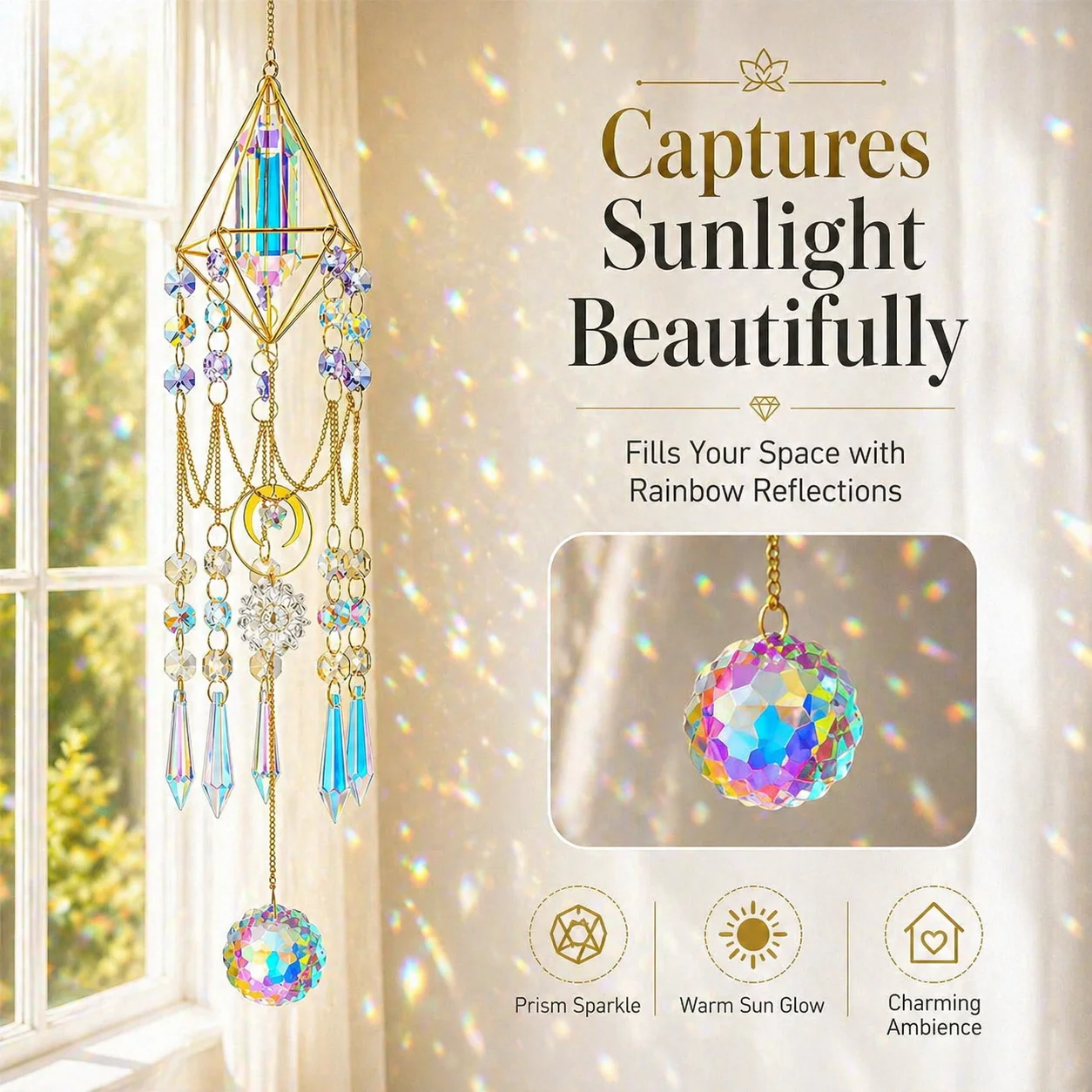 Crystal Prism Suncatcher Rainbow Hanging Ornament, Gold Geometric Window Decor with Faceted Crystal Ball for Home Garden Gift