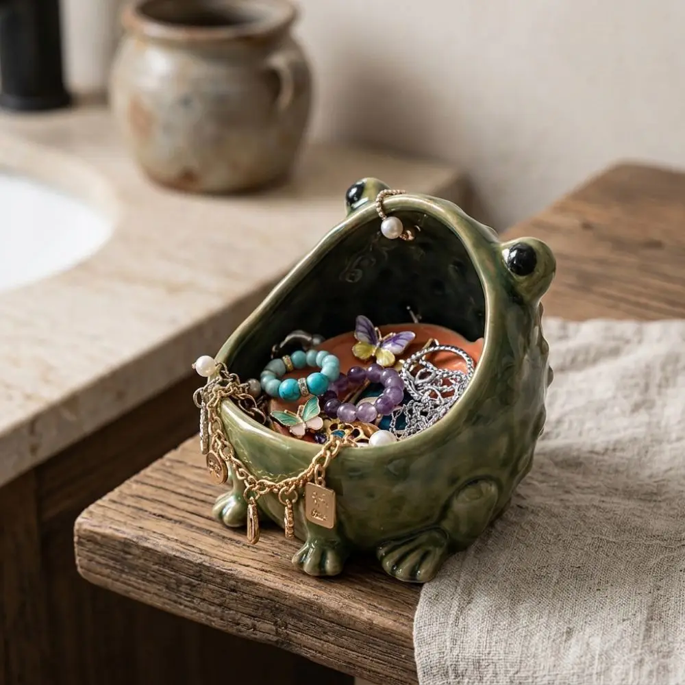 Wide Open Mouth Cute Frog Jewelry Box Funny Decorative Frog Shape Storage Box Modern Artistic Frog Statue Frog Trinket Tray