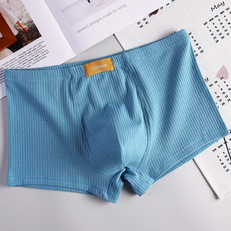 Men's Boxy Underwear Ribbed Cotton Breathable Comfortable Sweat Absorption Sports Trunks Youth Low-rise U Convex Pouch Underpant