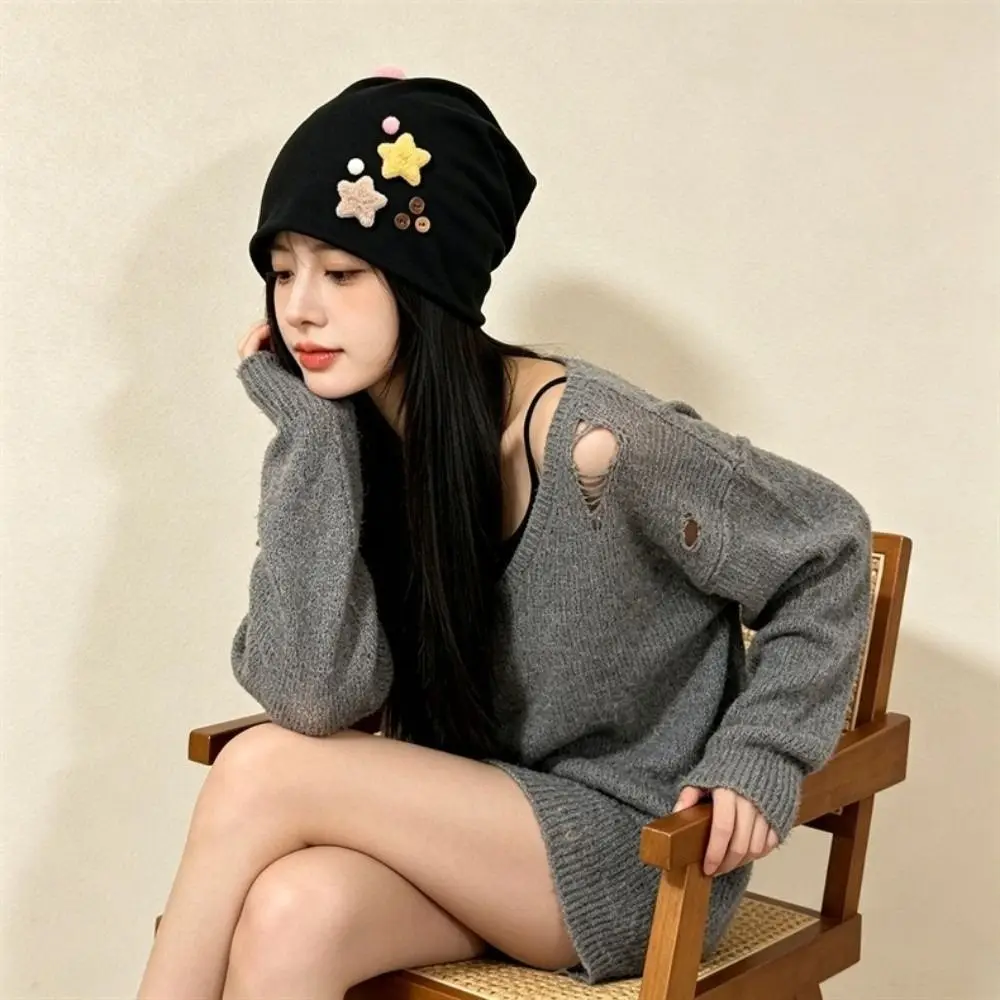 Durable Japanese Style Women's Beanie Star Detail Slouchy Beanie Windproof Face-Flattering Fit Pull-On Hat Fall Winter Wear