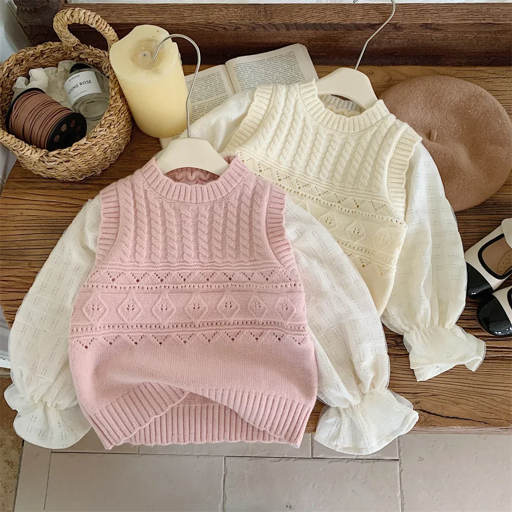 Sweater Girl Splicing Together Autumn New Korean Baby Chiffon Sleeve Two Pieces Sweater Head Cover 2024 Striped Simple