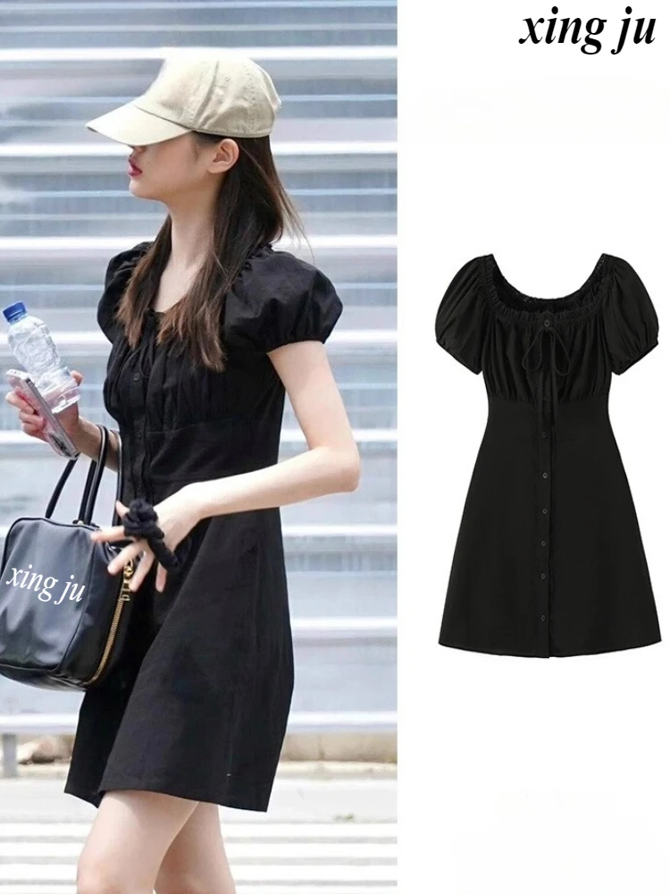 

Kpop Korean Singer Party Temperament Black Puff-Sleeve Short Dress Jazz Dance Costume Women Nightclub DJ Stage Performance Wear
