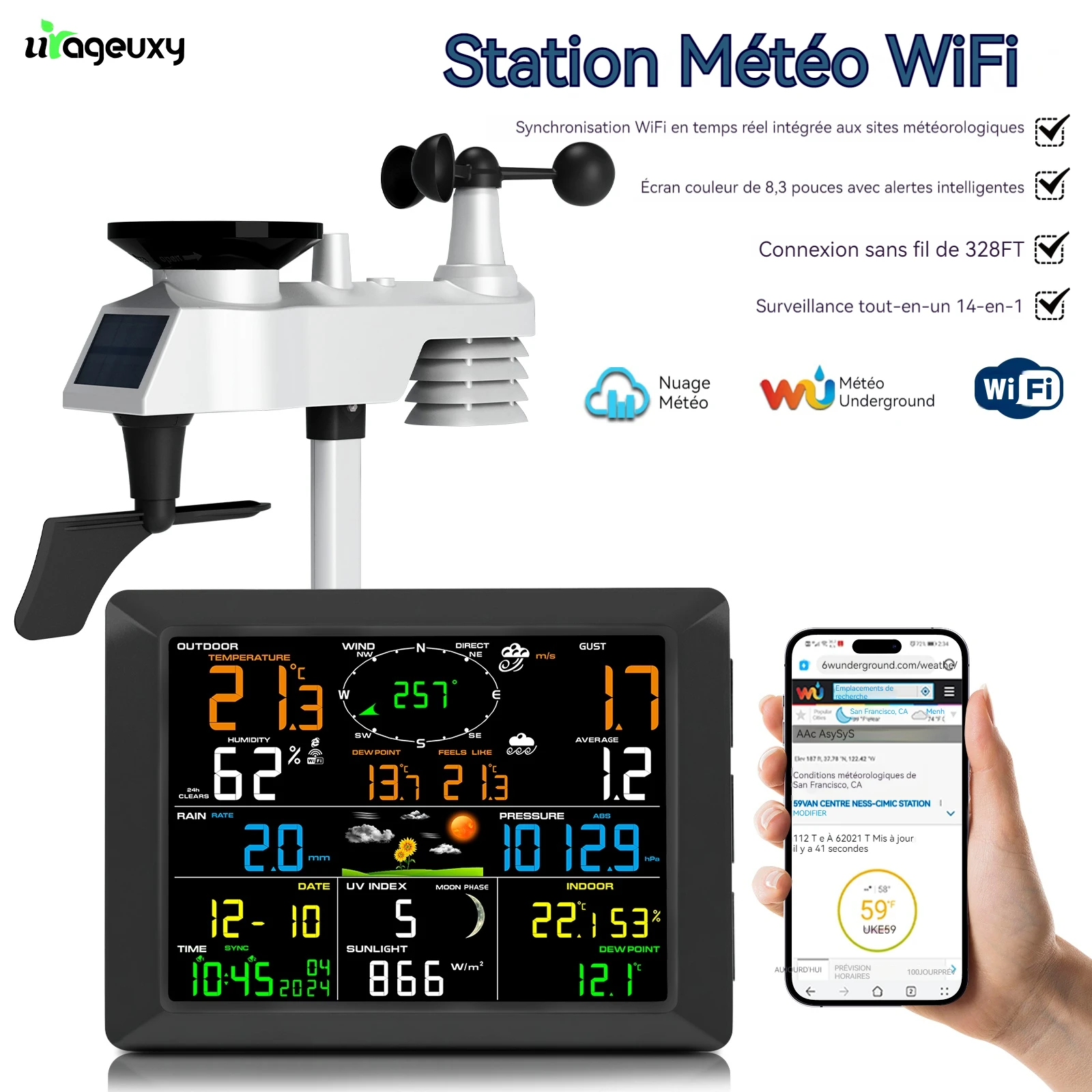 Station météo WiFi sans fil 14 en 1, avec affichage couleur, synchronisation en temps réel vers météo souterraine, portée de 100m, capteur pour maison intelligente