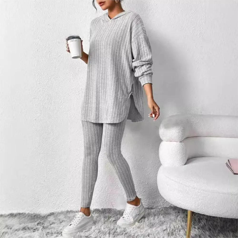 

Women's Hooded Suit 2025 Autumn Winter Striped 2 Piece Set Solid Color Fashion Loose Hooded Long Sleeve Top + Skinny Pants Suits