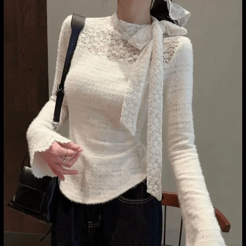 

Bottom Shirt Foreign Thousand Gold Lace Shirt Knitted Sweater Slim-fitting and Thin Belly-covering Temperament Top