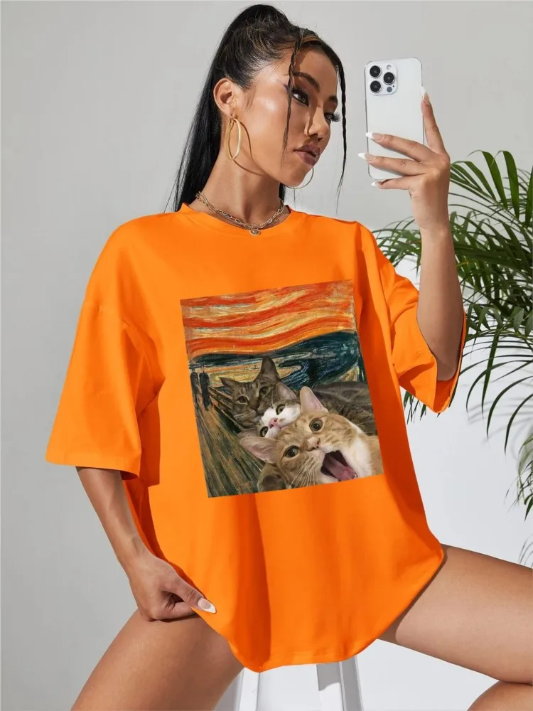 Oil Painting Three Naughty Cats Creative Design T-Shirts Women Fashion Street Breathable Tops Cotton Summer Female Clothing Tees