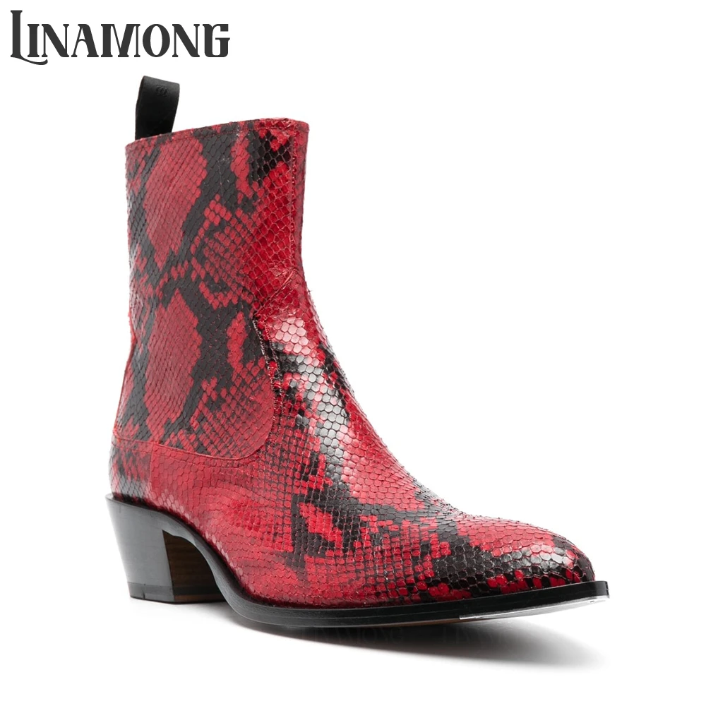 

Snakeskin Effect Ankle Boots Pointed Toe Mid Block Heel Ankle Length Boots Animal Print Leather Chelsea Boots Side Zip Men Boots