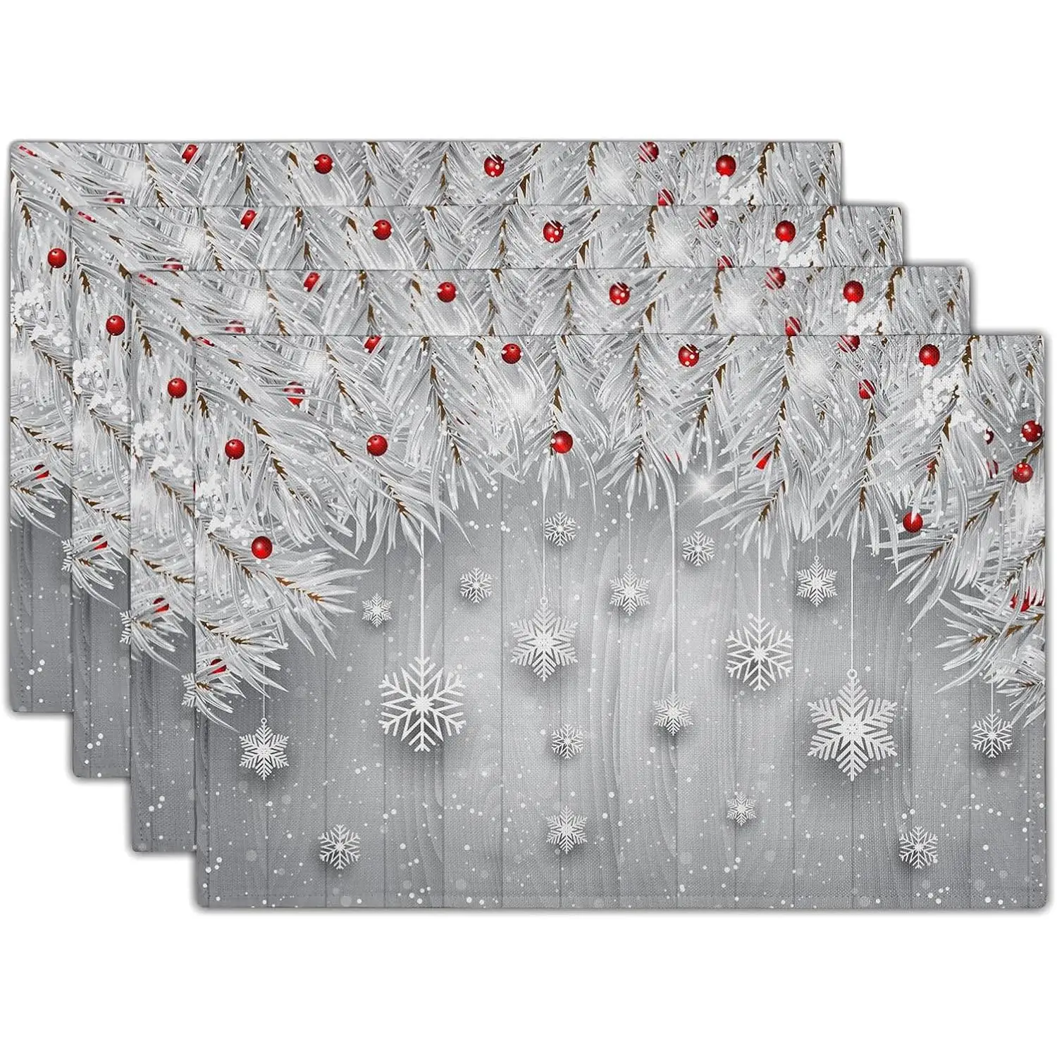 مجموعة مفارش المفارش مكونة من 4 مفارش عيد الميلاد الفضية والثلج وشجرة عيد الميلاد والتوت الأحمر والكتان مفارش طاولة موسمية غير قابلة للانزلاق ومقاومة للحرارة 12 بوصة × 18 بوصة #1