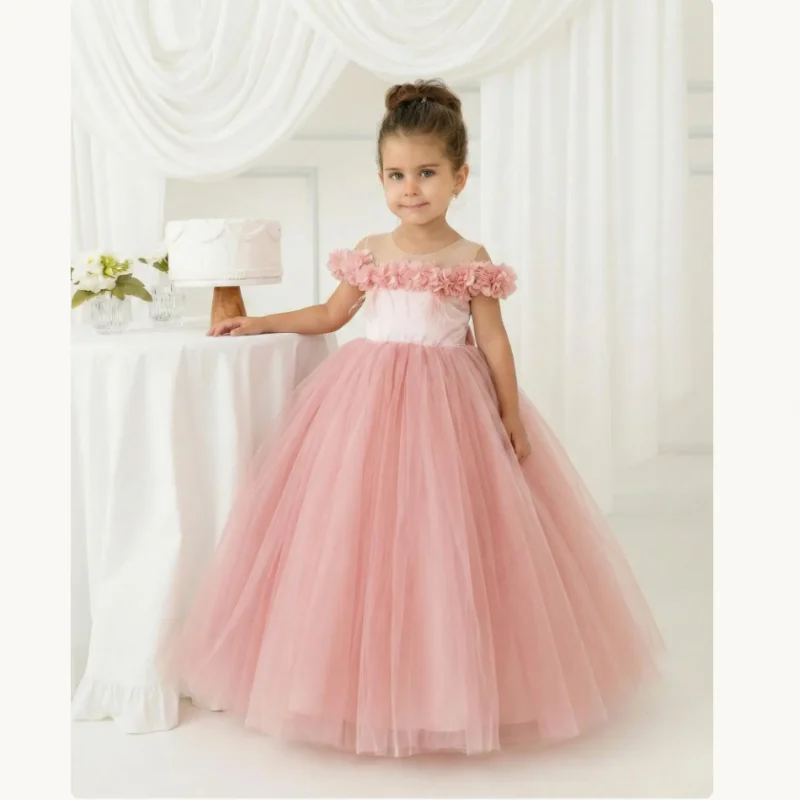 3D Flower Tulle Flower Girl Dress Back Big Satin Bow Floor Trailing Train Kids Gown Wedding Bridesmaid Baptism Birthday Pageant