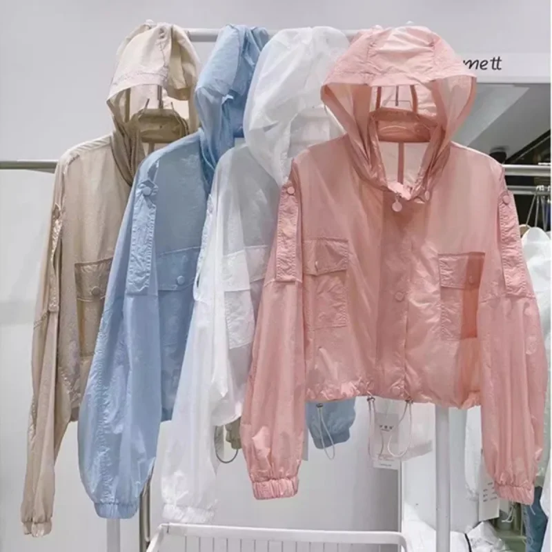 

2025 Summer Korean Style Women Spring Jackets Loose Sunscreen Clothing White Hooded Coat Zipper Drawstring Jacket Femme Thin