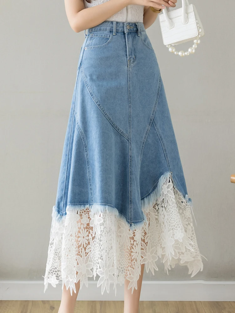 Vintage Patchwork Lace Hollow Out Jean Skirt Women Korean Fashion High Waist Midi Denim Skirt Female Zipper Casual Elegant Skirt