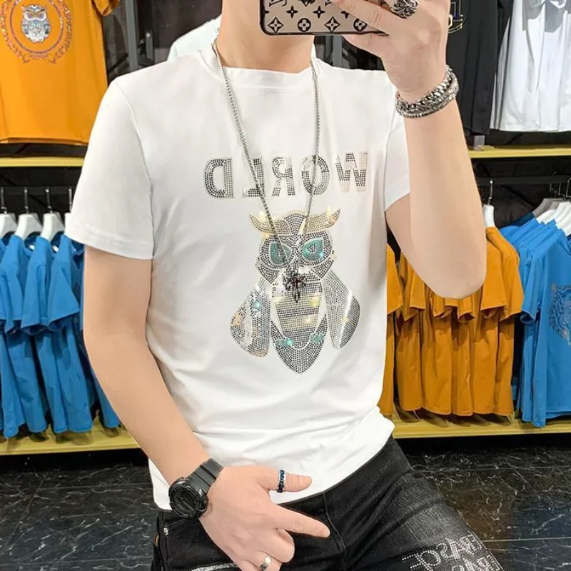 Top Graphic Clothing Hip Hop T Shirt for Men Rock Man Tee Shirts Rhinestones Streetwear Slim Fit Print Original Xl Cotton Basic