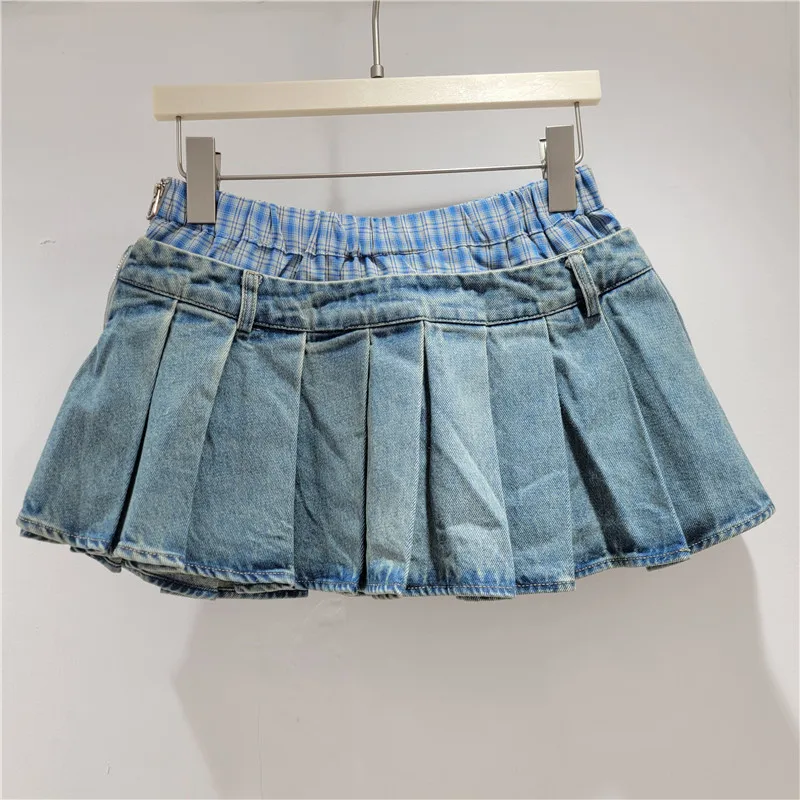 

American Retro Spice Girl Pleated Denim Skirt Women's Summer New High-waisted A-word Niche Versatile Skirts