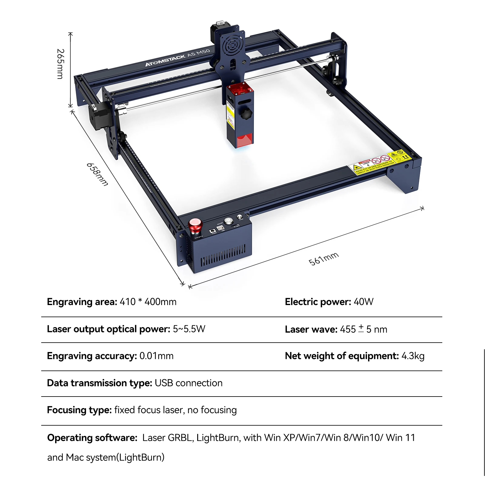 ATOMSTACK A5 M50 Desktop DIY CNC Laser Engraving Cutting Machine with 410x400mm Engraving Area 5.5W Fixed-Focus Ultra-Fine Laser