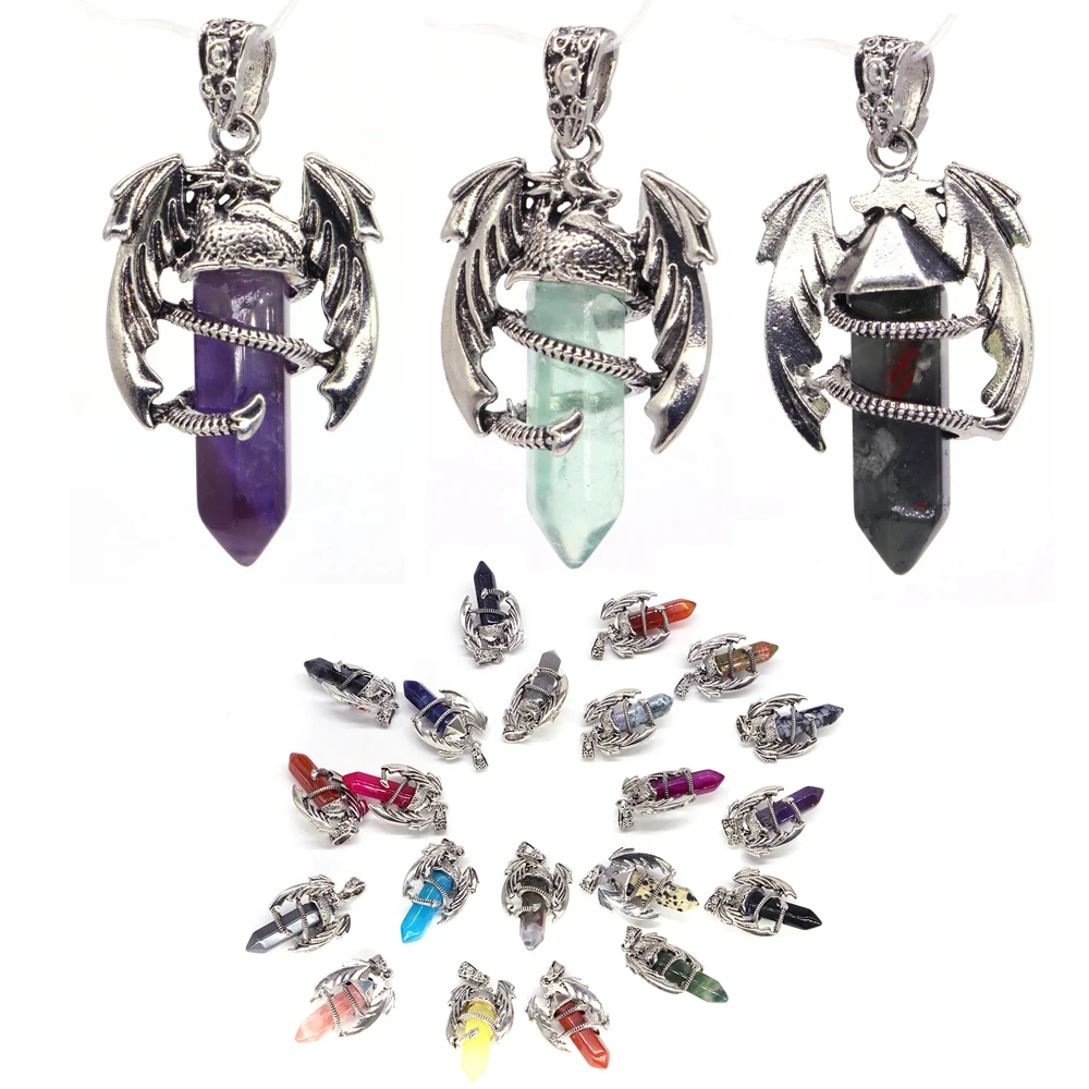 

New Retro Medieval Dragon Hexagonal Crystal Pendant Men's Punk Rock Rider Natural Stones Necklace Metal Gemstones Amulet Jewelry