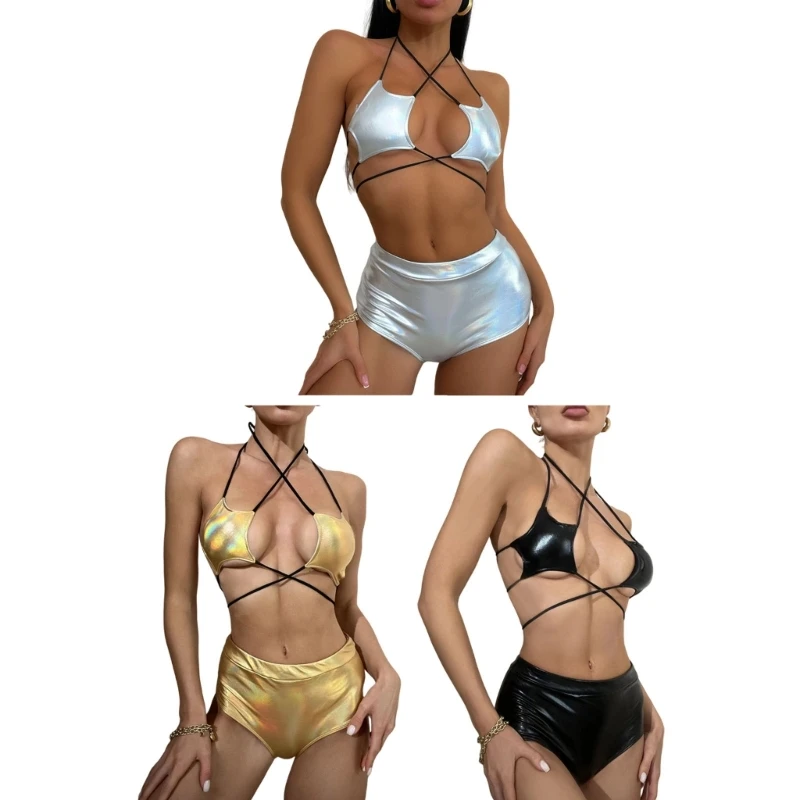

2pcs/set Stylish Sequined Bra Top for Women Rear Strap Tied Bathing Suit Swimwear for Party Scene and Music Event
