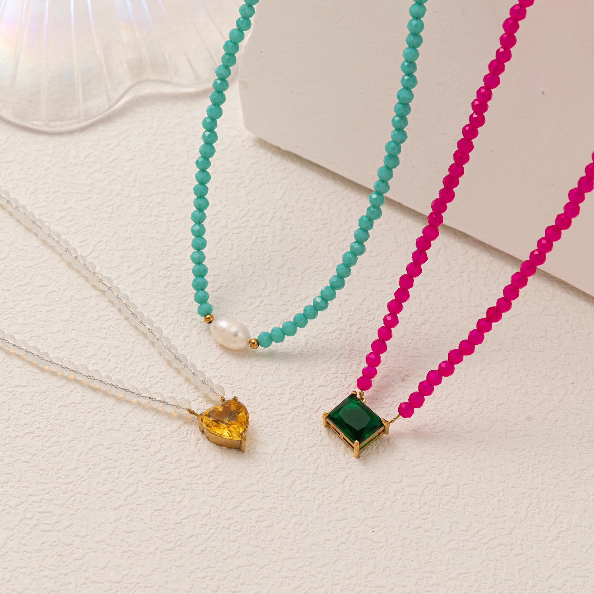 

New Color Square Zircon Simple Rice Bead Crystal Necklace Geometric Love Bead Necklace Women's Gift