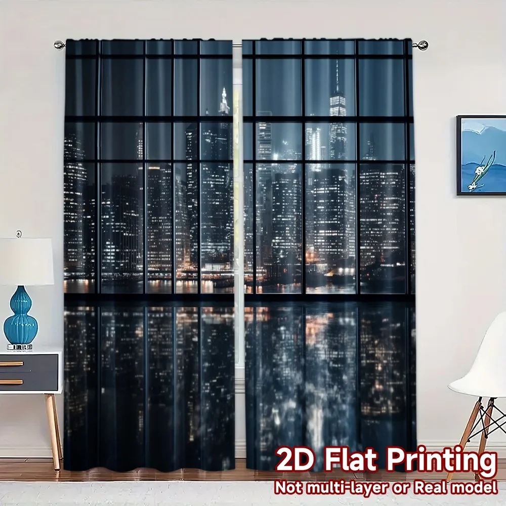 2pcs, 2D FLAT PRINTING Curtains (Without Rod) Cityscape Reflections Creative Modern Curtains 100% Polyester Curtains Outdoor