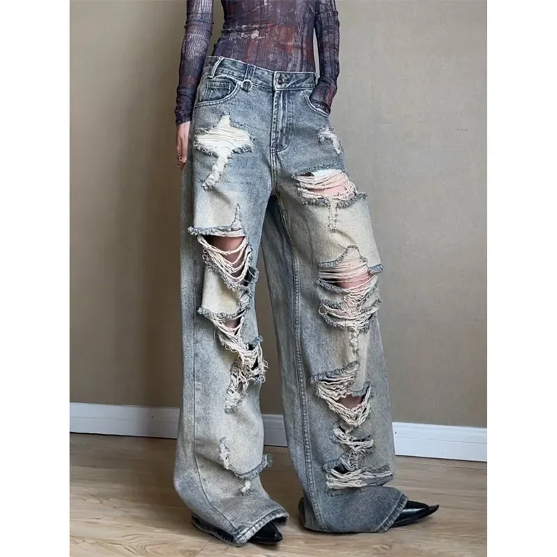 Men's Jeans Relaxed Fit Distressed Ripped Denim Pants Streetwear Summer Man Pants Washed Vintage Wide Leg Holes