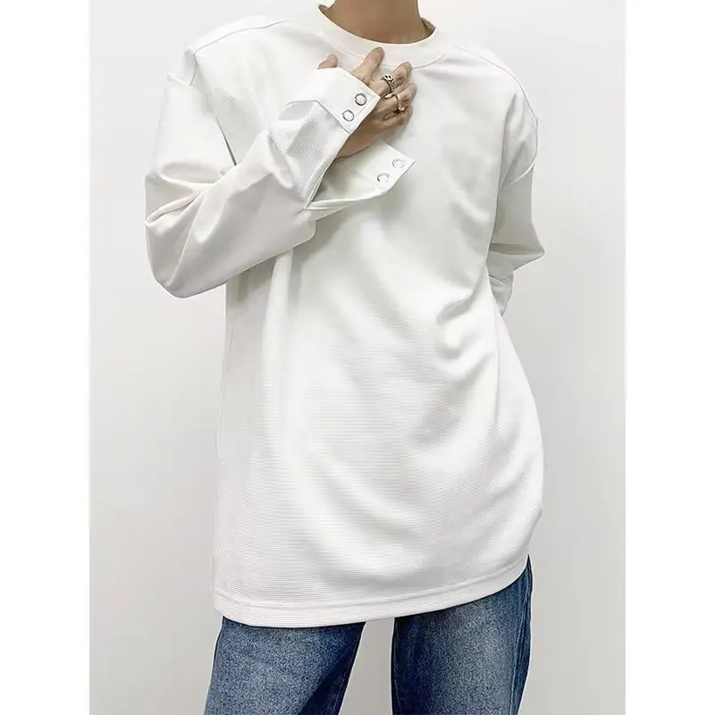 

TRSYPHXM 2024 new Spring cuff design, white round neck long sleeved T-shirt, men's loose fit 2024 new men's top base shirt