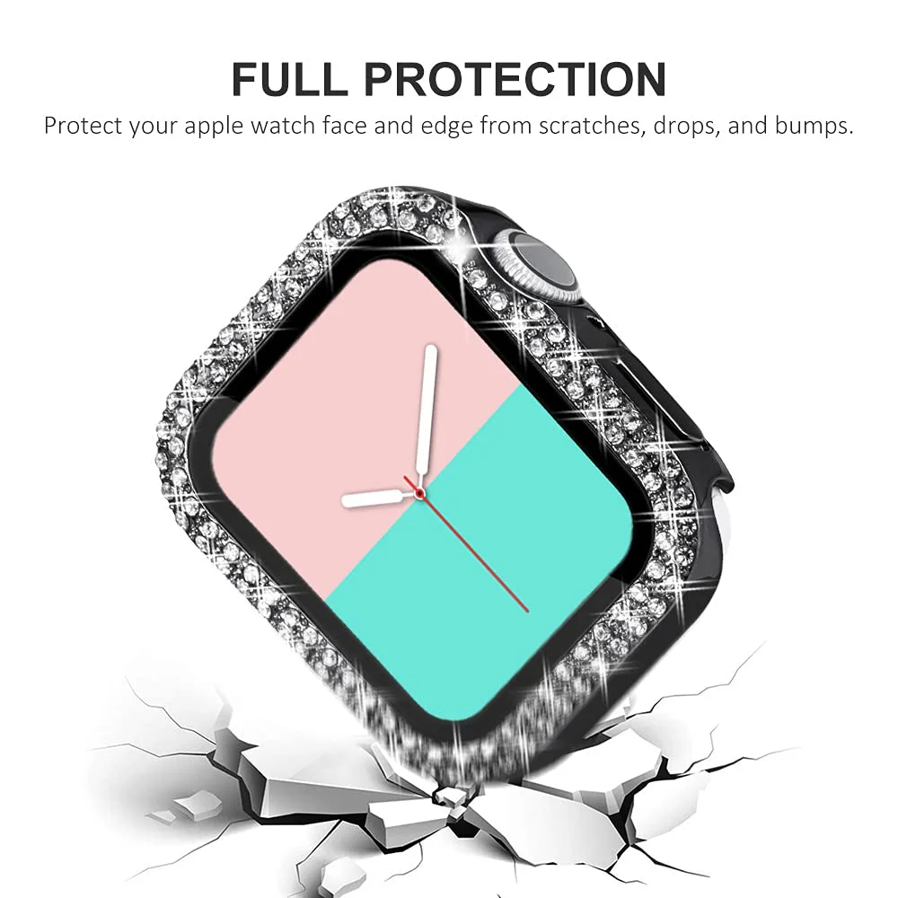 Diamanten Hoes Voor Apple Watch Case 45Mm 41Mm 44Mm 40Mm Gehard Glas Screen Protector Iwatch Accessoires Serie 9 7 Se 6 8 5 4