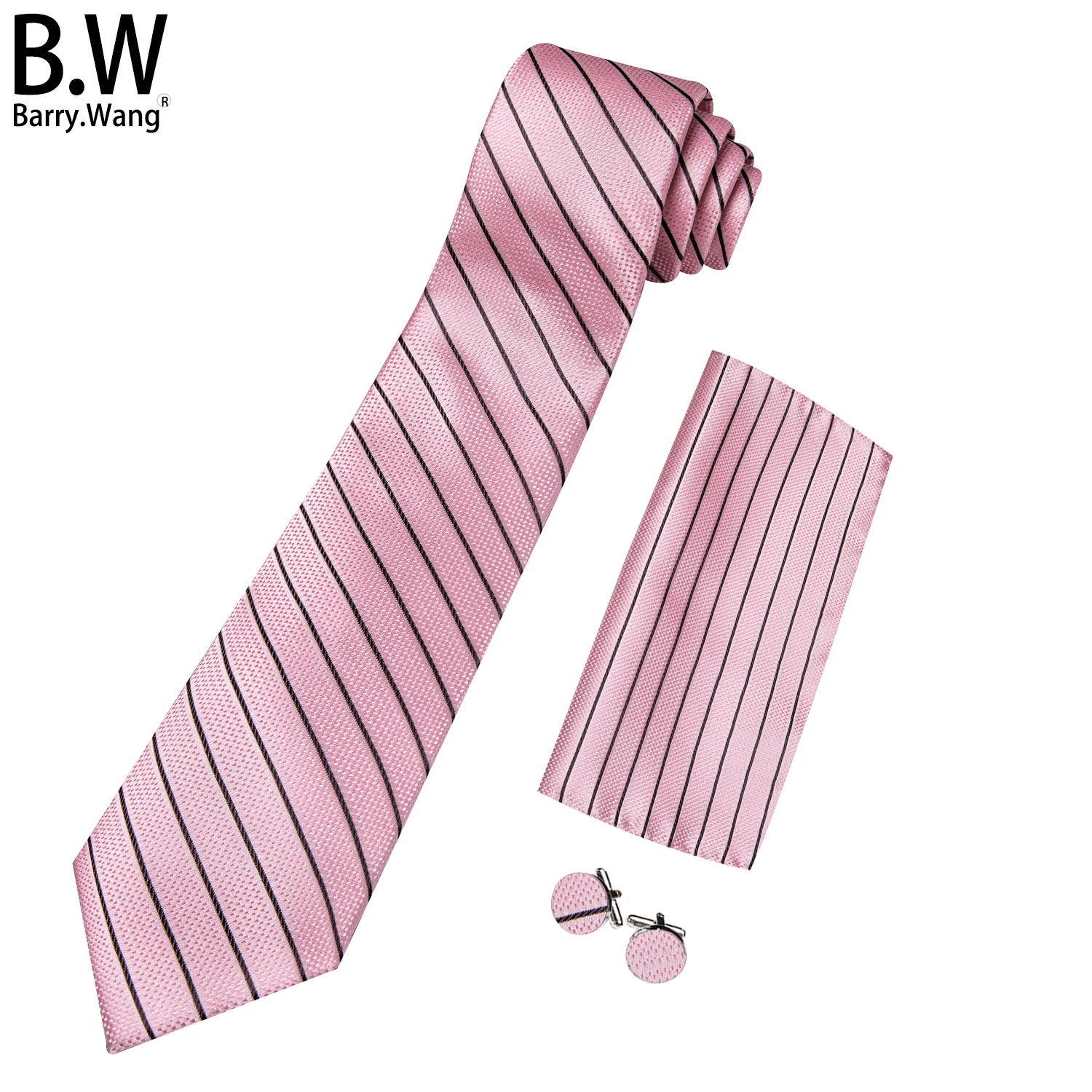 

Barry.Wang Designer Silk Men Tie Handkerchief Cufflinks Set Jacquard Striped Pink Purple Black Necktie for Male Wedding Business