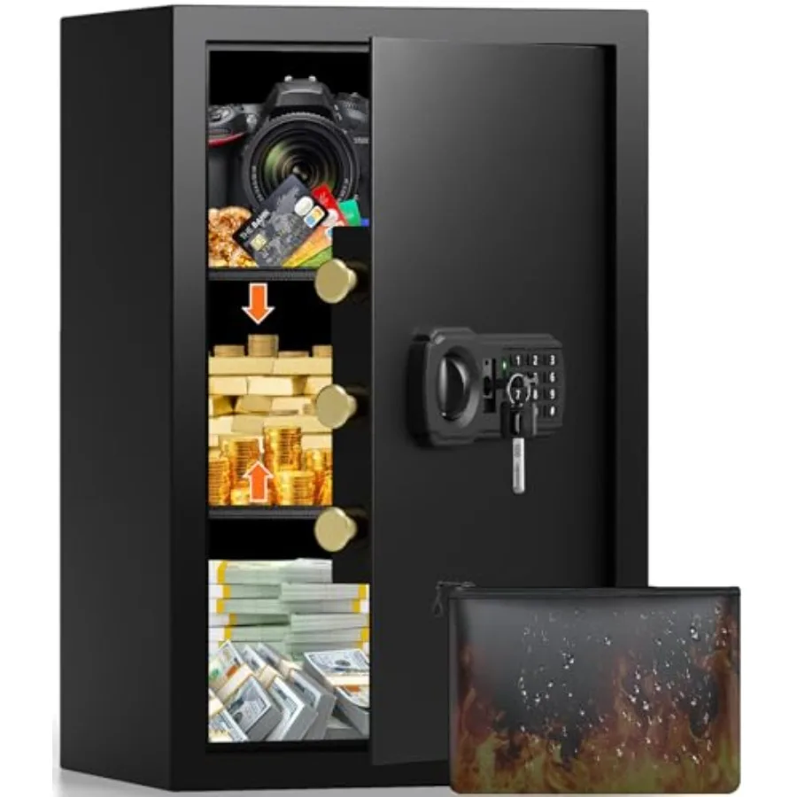 Home use large safe box, steel, black, 21.65H with 3.8 cu ft capacity, A4 fireproof bag, keypad lock, backup keys, external pow