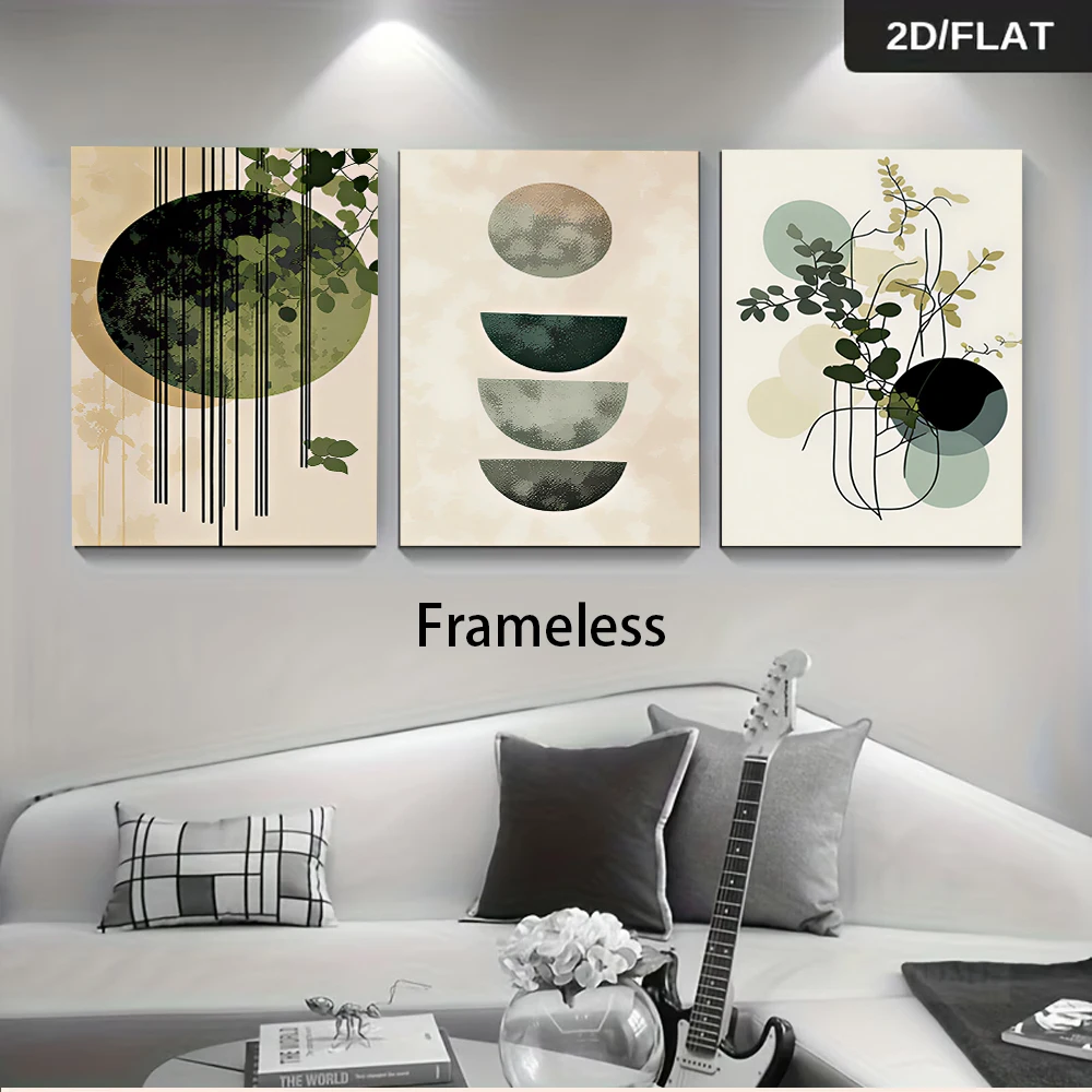 1 set of modern three-panel frameless decorative paintings, featuring geometric patterns of green plants, in 2D.