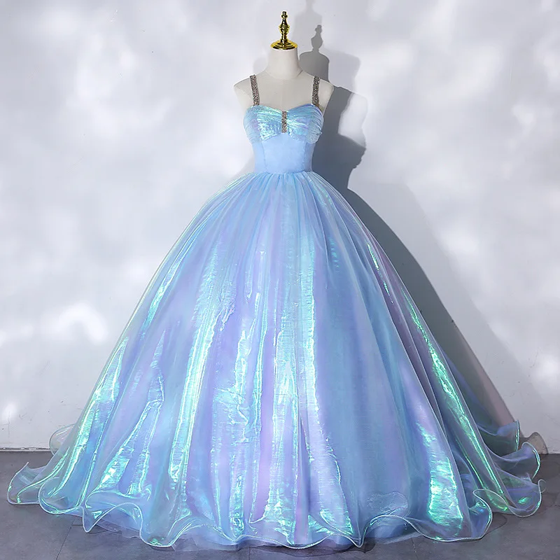 

Blue Fairy Suspender Evening Dress For Women Gorgeous Backless Dress Princess Birthday Prom Party Sleeveless Evening Dress