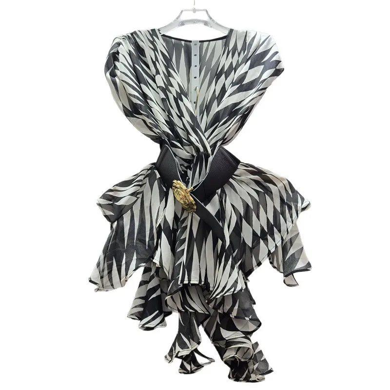 ฤดูร้อนยุโรปใหม่ INS Niche Design V คอพิมพ์เข็มขัดเอวอเนกประสงค์ Chic Light หรูหราเสื้อด้านบนสําหรับผู้หญิง