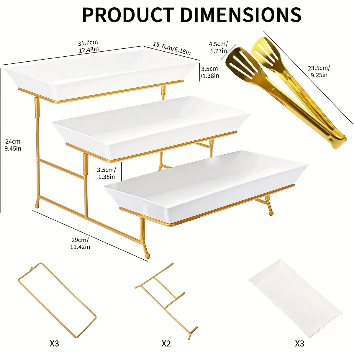 White Tiered Serving Stand + Tong, 3 Plastic Tray with Metal Stand for Cupcakes, Donuts, Fruits - Tiered Tray Stand for Tea Party, Party Food Display, Wedding Scene view 2
