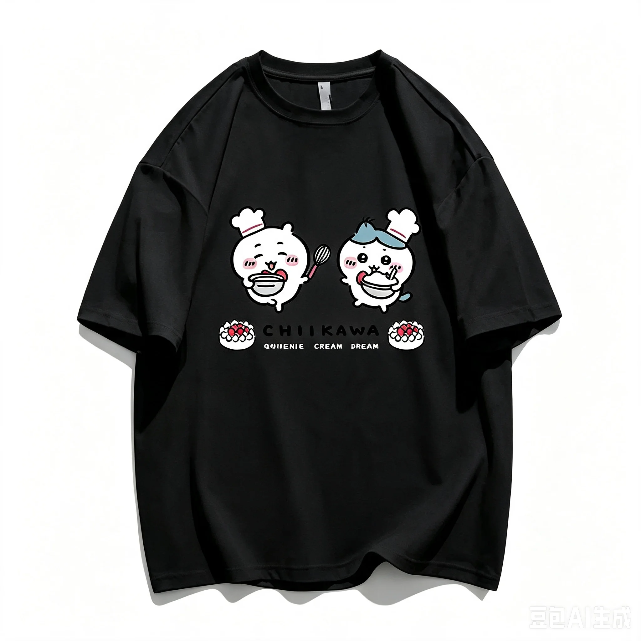 Kawaii Duo Chiikawa Chef Oversize Heavyweight T-shirt Unisex Cotton Hachiware Summer Loose Casual Short Sleeve Top