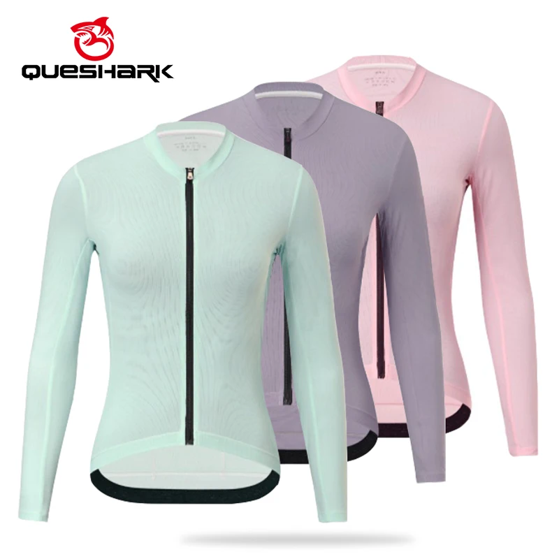 

Queshark Womens Lightweght Long Sleeve Cycling Jersey Breathable Moisture-Wicking Road Bike Shirt with 3 Rear Pockets &Slim Fit