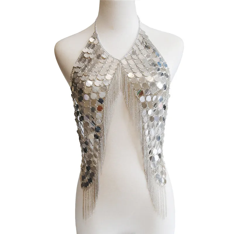 AKYZO Festival Club Party Tank Women Sexy Handmade Acrylic Sequins Body Metal Chain Halter Camis Top Silver Gold