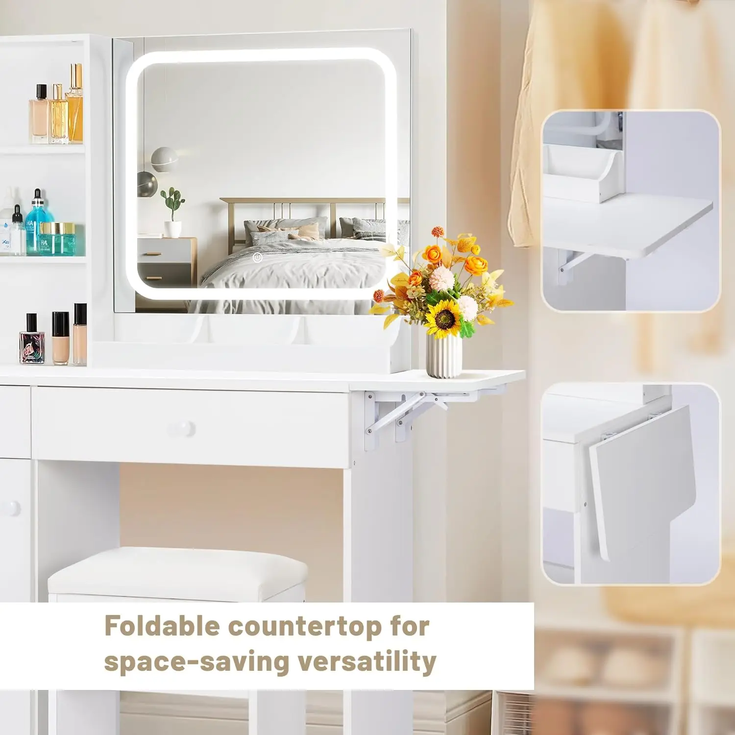 Meja Rias dengan Cermin dan Lampu LED, Meja Rias Rias dengan Stasiun Pengisian Daya, Laci Penyimpanan, Rak, Kabinet yang Dapat Disesuaikan