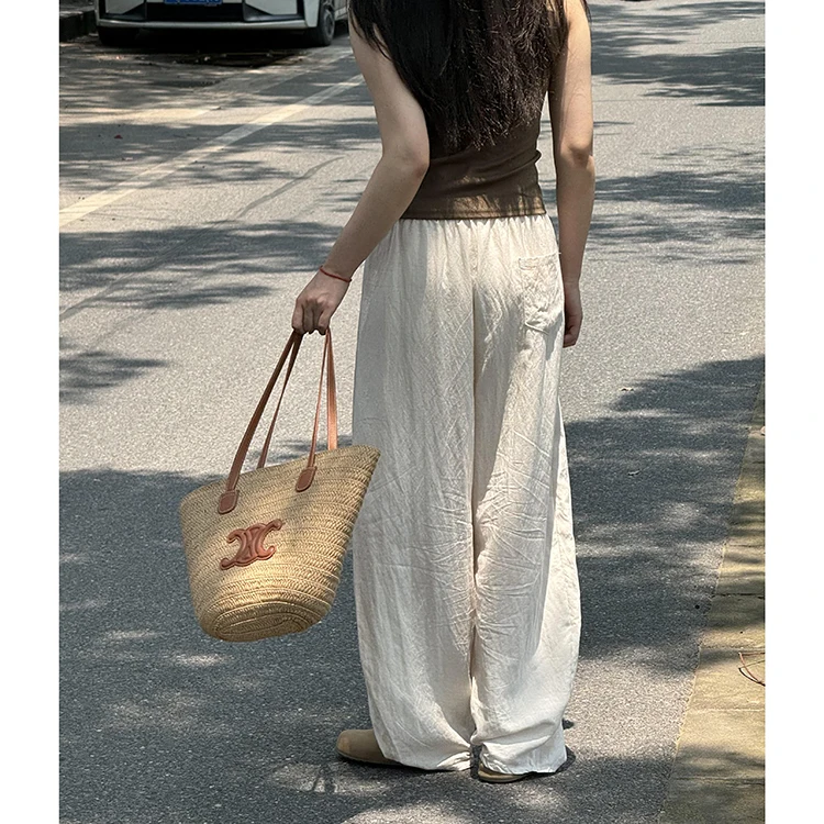 Koreańskie spodnie damskie z prostym, elastycznym pasem, sznurkiem, krojem typu knife, na lato 2025, nowe, przewiewne, przyjazne dla skóry, z bawełny i lnu, do ziemi...