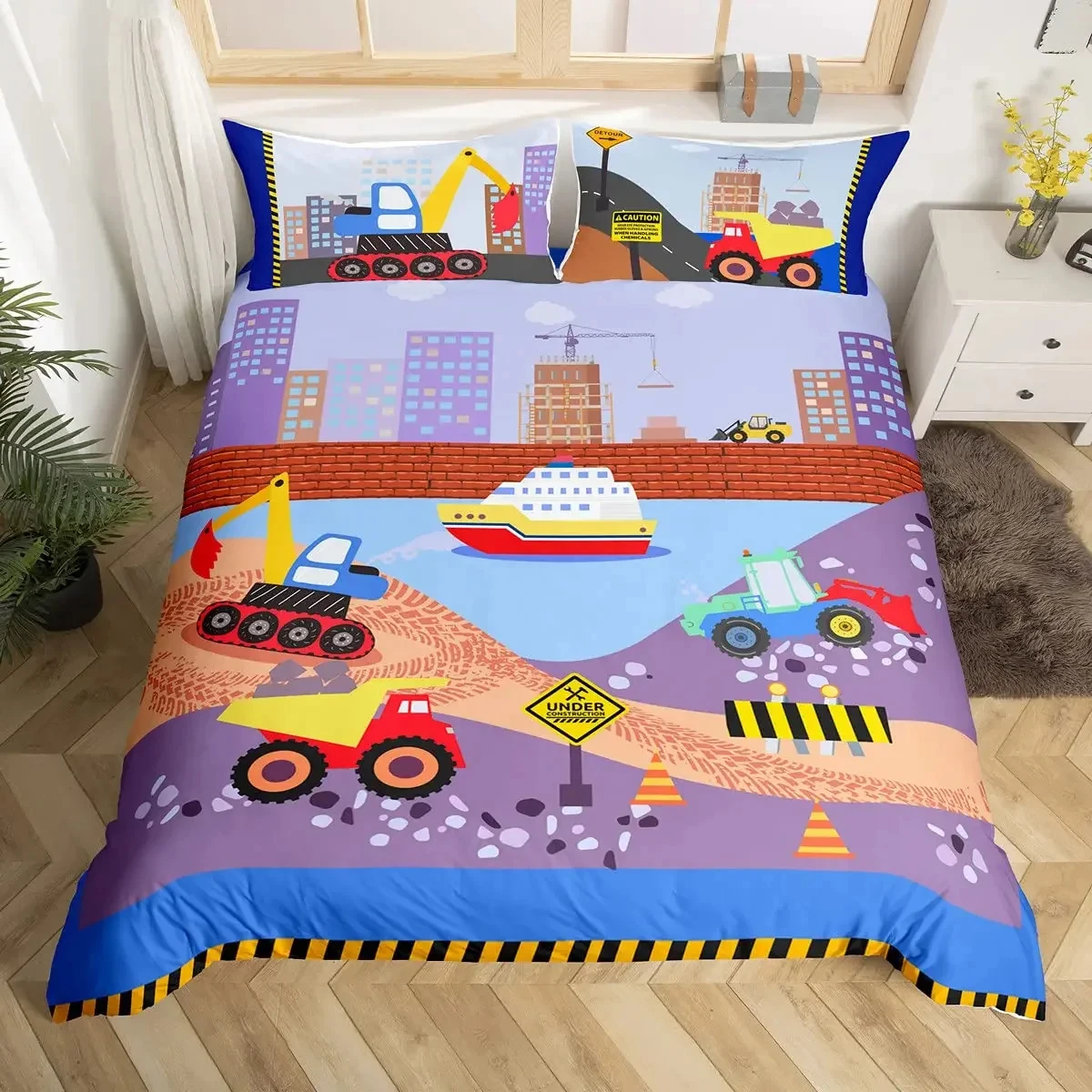 

Truck Excavator Duvet Cover Set Queen Size for Kids Nursery Cartoon Tractor Engineering Vehicle Construction Theme Bedding Set